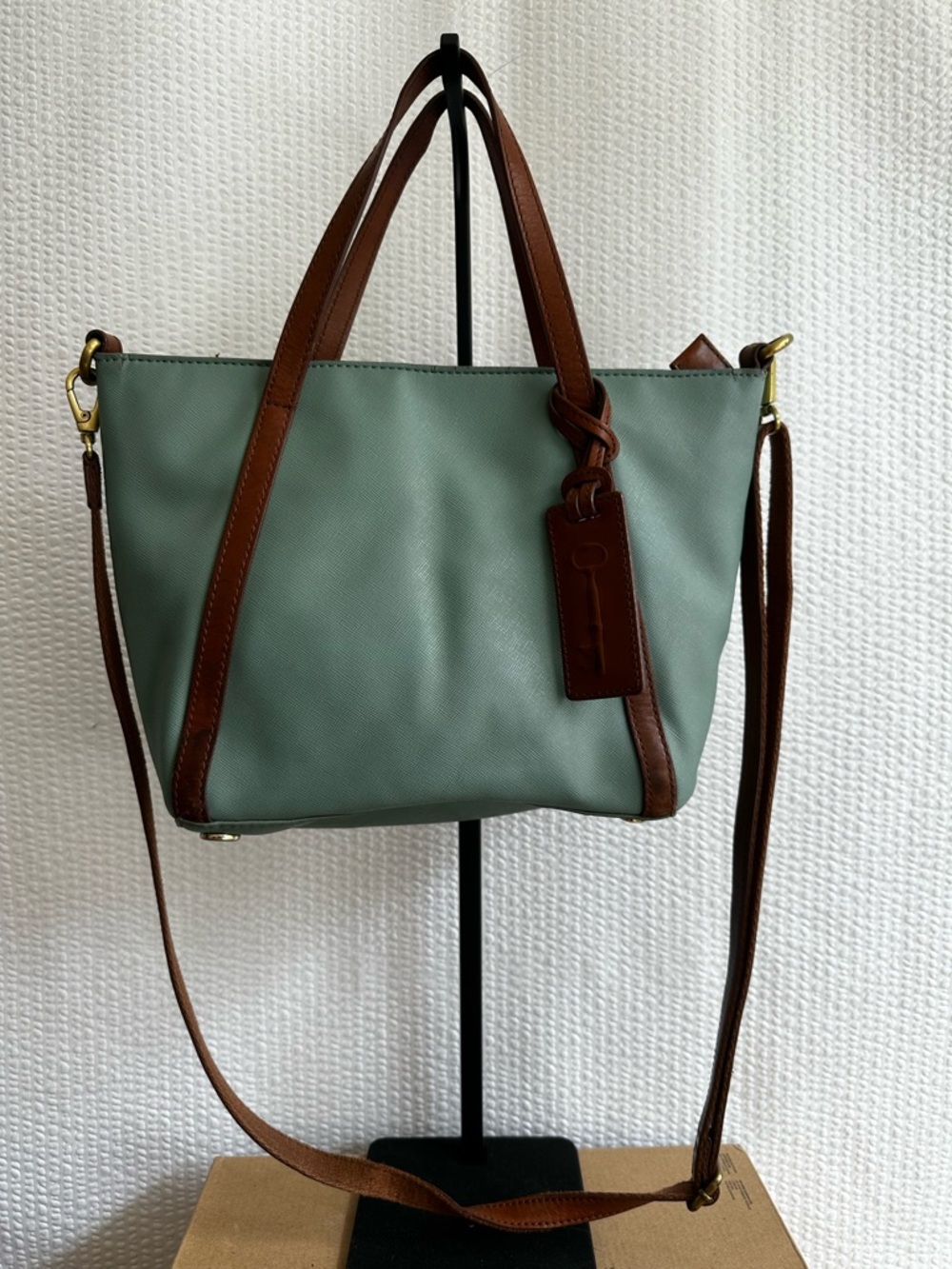 Fossil Sage Green Crossbody Shoulder Tote Bag Brown Leather Trim Everyday Purse - Picture 2 of 13
